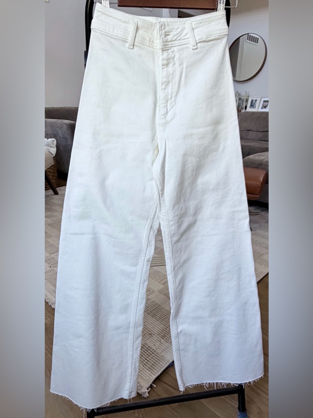 Zara High Waist Wide-Leg Raw Hem White  Jeans